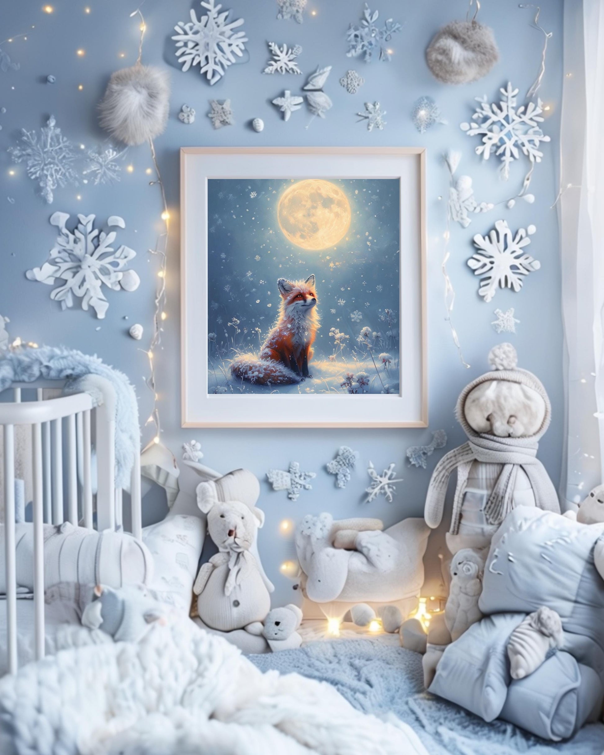 This poster displays a serene fox sitting in the snow under a full moon, surrounded by snowflakes, in various room settings like living rooms, bedrooms, or nurseries. Perfect for winter decor and cozy holiday interiors.