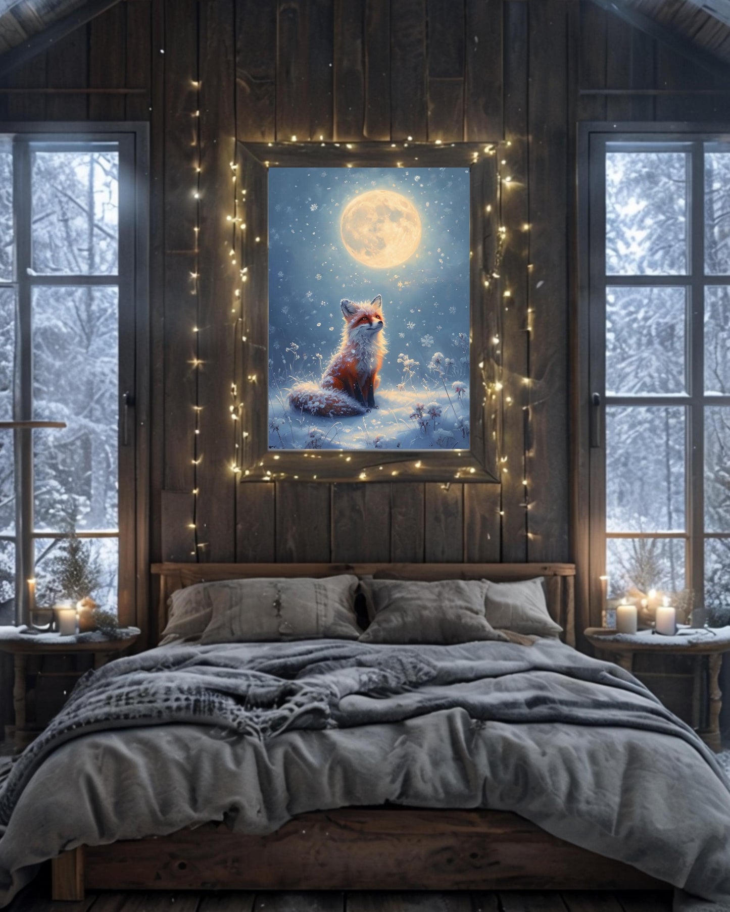 This poster displays a serene fox sitting in the snow under a full moon, surrounded by snowflakes, in various room settings like living rooms, bedrooms, or nurseries. Perfect for winter decor and cozy holiday interiors.