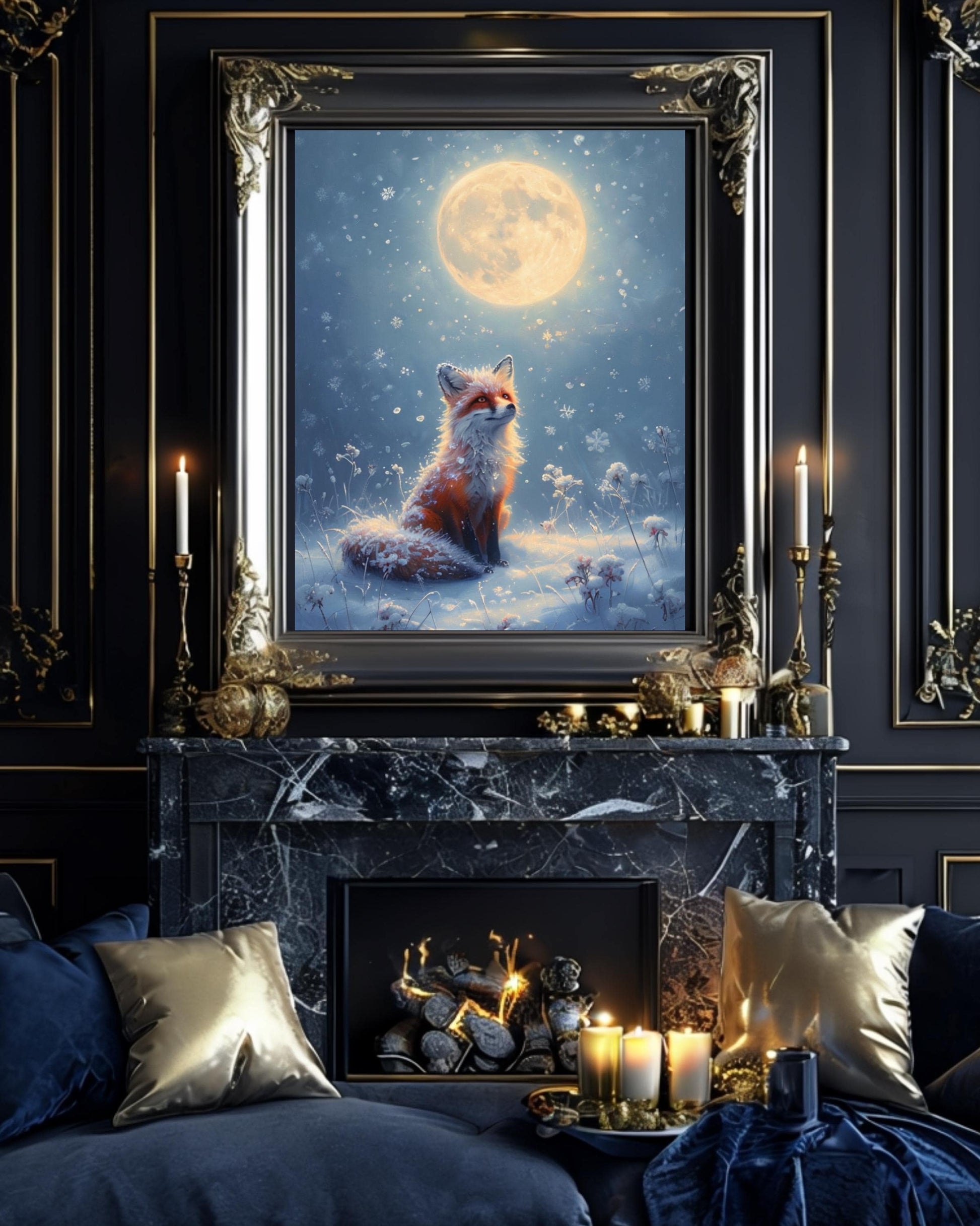 This poster displays a serene fox sitting in the snow under a full moon, surrounded by snowflakes, in various room settings like living rooms, bedrooms, or nurseries. Perfect for winter decor and cozy holiday interiors.