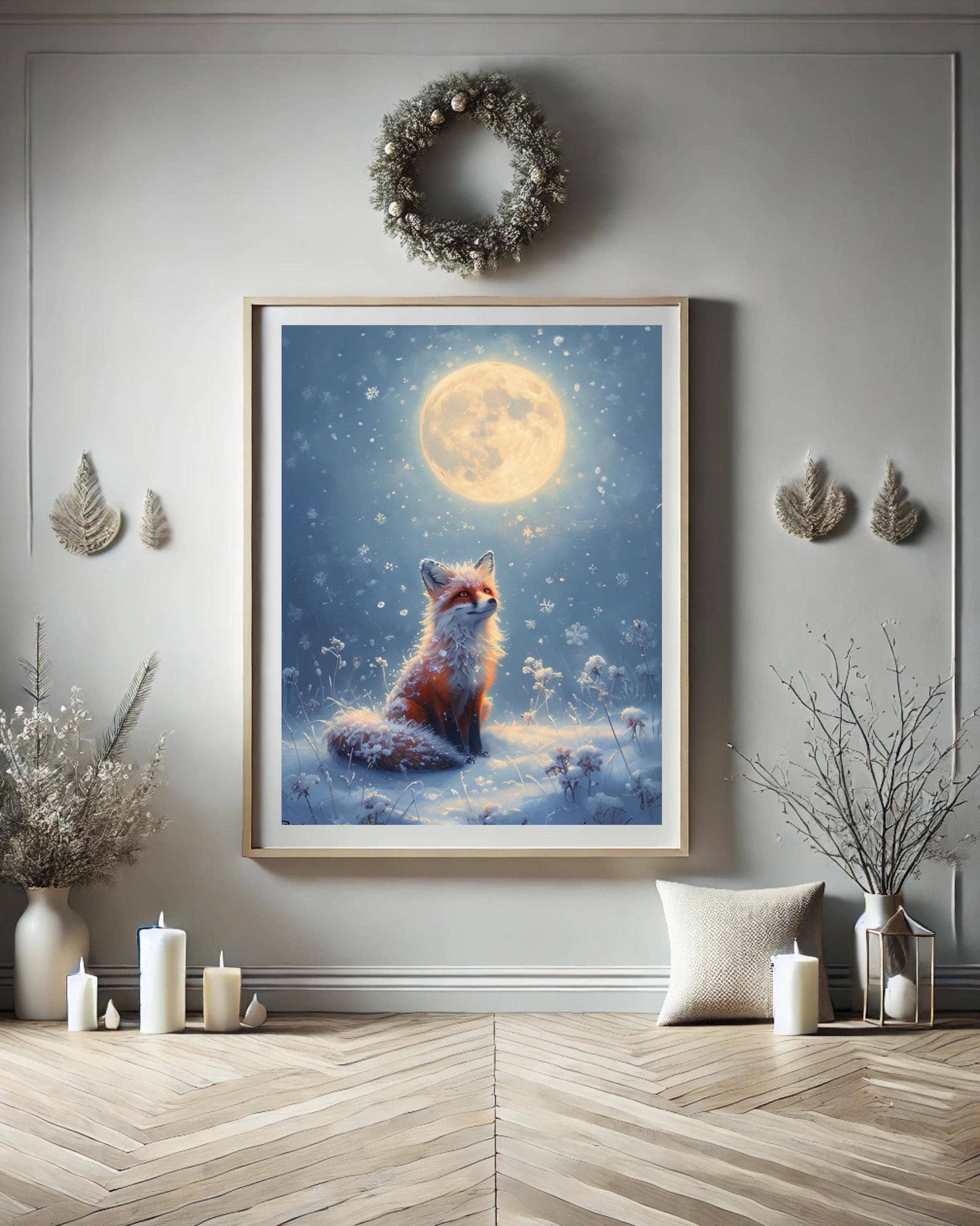 This poster displays a serene fox sitting in the snow under a full moon, surrounded by snowflakes, in various room settings like living rooms, bedrooms, or nurseries. Perfect for winter decor and cozy holiday interiors.