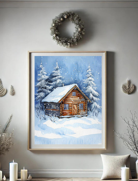 This poster displays a rustic snowy cabin surrounded by pine trees and snowflakes, framed in different room settings like the living room, bedroom, or nursery. It&#39;s perfect for winter decor and holiday-themed interiors, adding a cozy, festive touch.