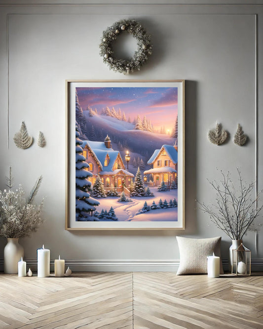 This poster showcases a cozy snowy cottage surrounded by trees under a winter sky. Displayed in various room settings, including living room, bedroom, or nursery, it&#39;s ideal for winter decor and holiday-themed interiors.